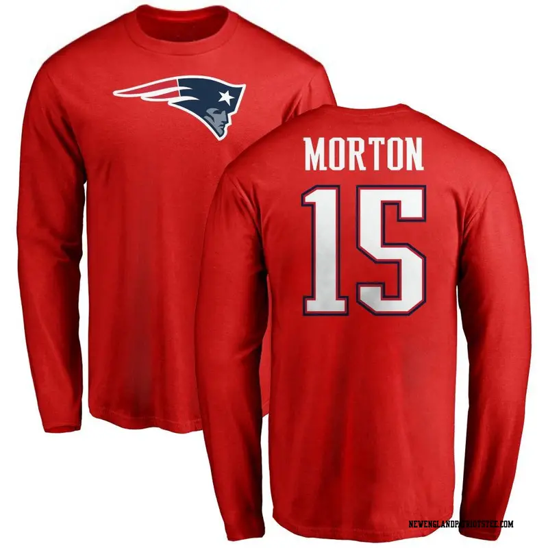 Men's New England Patriots ＃15 Behren Morton Red Name & Number Logo Long Sleeve T-Shirt