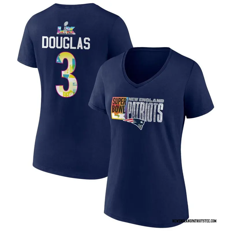 Women's New England Patriots ＃3 DeMario Douglas Navy Super Bowl LX Name & Number V-Neck T-Shirt